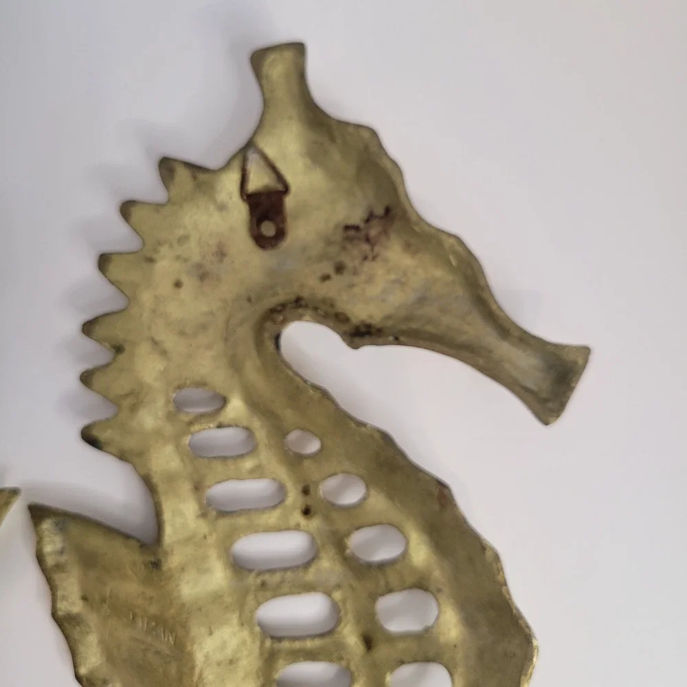 Vintage Solid Brass Sea Horse Wall Hangings Pair 14” & 12” Japan